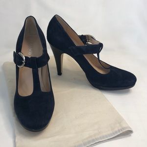 Franco Sarto Navy Blue Suede T-Strap Pumps